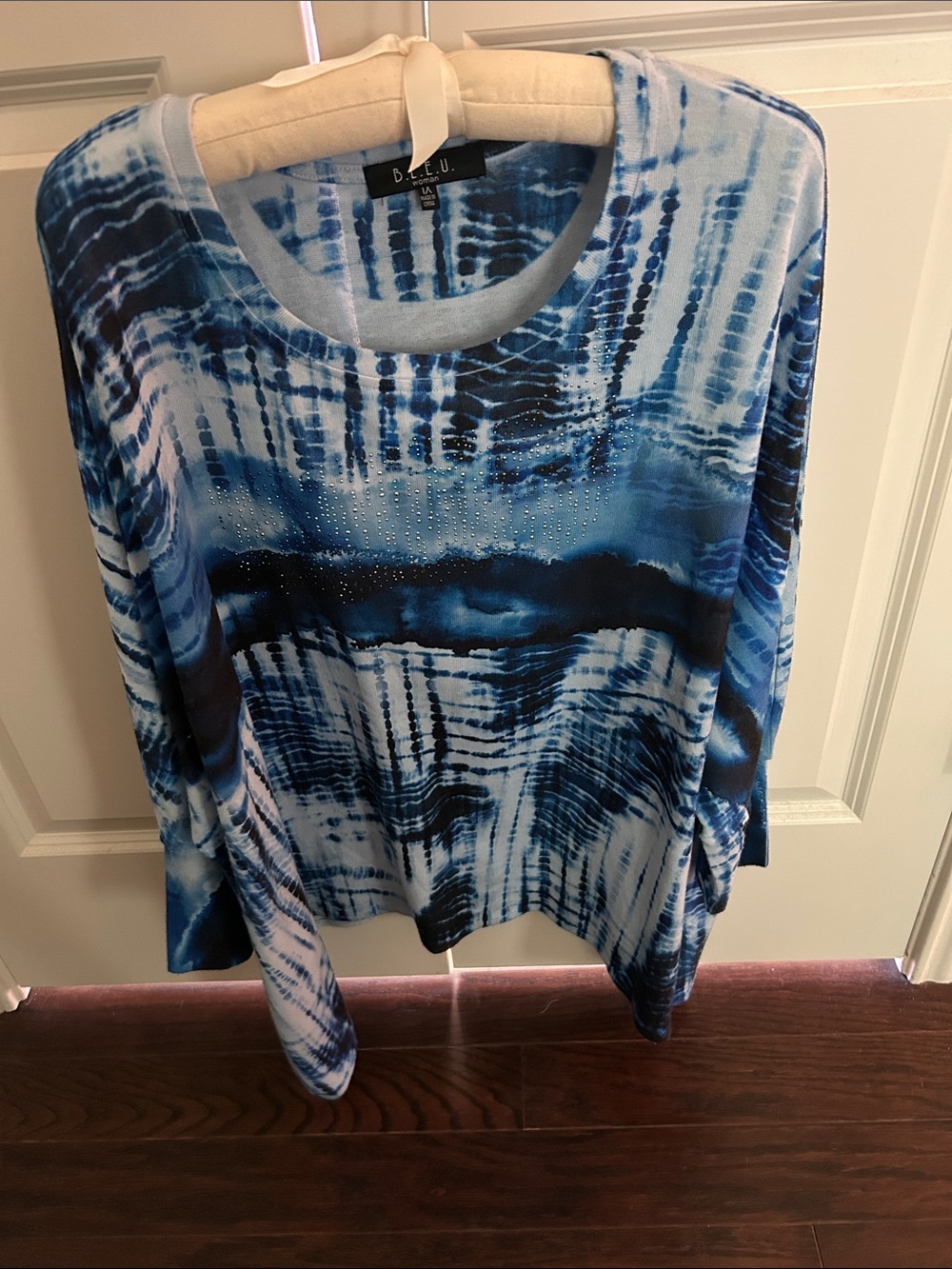 B.L.E.U. Blue Tie-Dye Long Sleeve Top with Rhinestone Detail